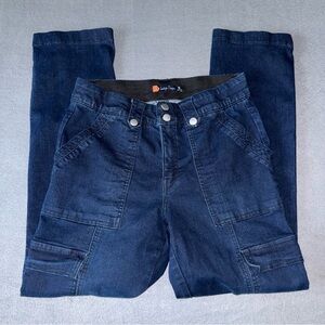 Indigo Poppy tummy control straight cargo jeans front seam dark blue size 10